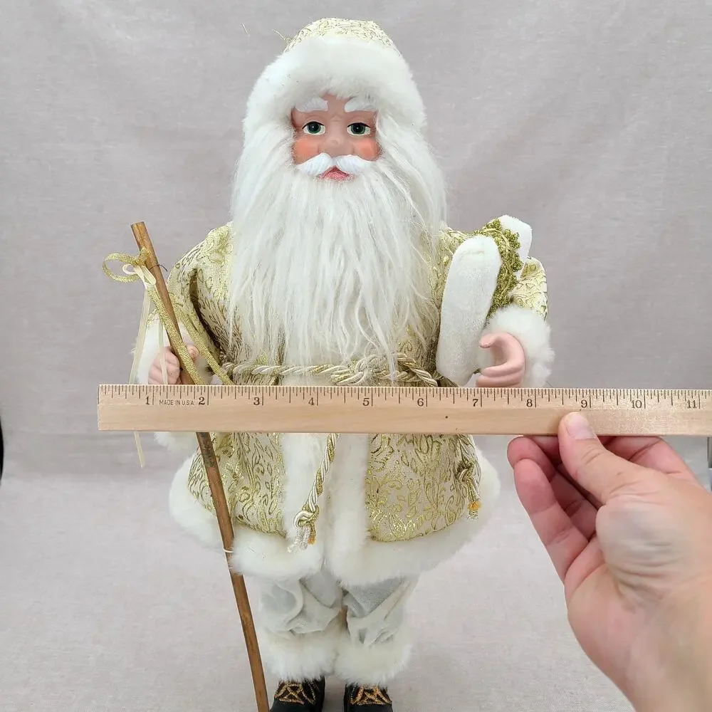 Vintage Santa Claus Figurine - White Gold With Staff, Faux Fur Trim - 18